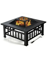 Skonyon 32 Inch 3 in 1 Outdoor Square Fire Pit Table with Bbq Grill and Rain Cover for Camping