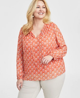 Jm Collection Plus Size Printed Split-Neck Blouse, Exclusively at Macy's