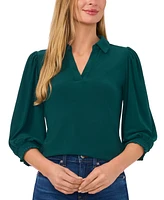 CeCe Women's Collared V-Neck Puff Shoulder 3/4-Sleeve Top