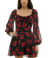 B Darlin Juniors' Floral-Print Sheer-Sleeve A-Line Dress