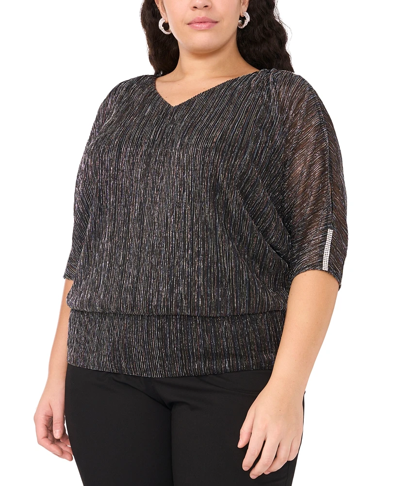 Msk Plus V-Neck Metallic-Threaded Split-Sleeve Top