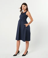 Marion Maternity Sleeveless Empire Waist Nursing Knee Length Tea Dress Navy Italian Light Weight Suiting Fabric