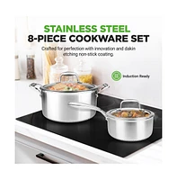 NutriChef Kitchenware Pots & Pans Set - Triply Stainless Steel Cookware, Non-Stick Coating Inside and Outside (8-Piece Set)