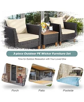 3 Pieces Patio Rattan Bistro Furniture Set with Wooden Table Top