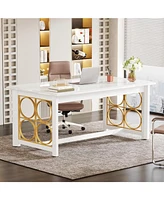 Tribesigns 63-Inch Executive Desk, Large Computer Office Desk with White Glossy Tabletop & Stylish Gold Circle Decor, Modern Laptop Desk Study Writing