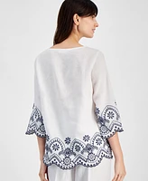 Charter Club Women's Cutwork-Trim Linen Shirt, Created for Macy's