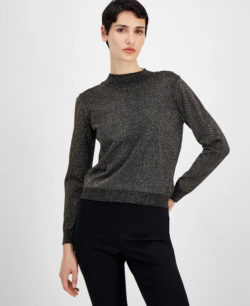 T Tahari Women's Metallic Mock-Neck Long-Sleeve Sweater