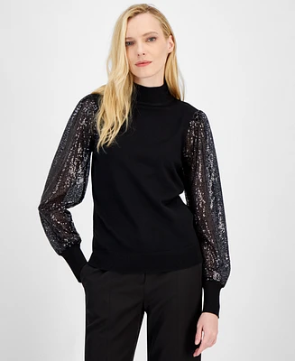 T Tahari Women's Mock-Neck Sheer Sequined-Sleeve Top