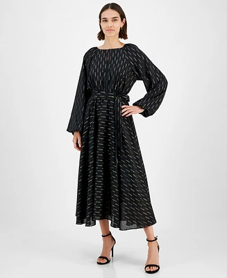 T Tahari Women's Metallic-Print Fit & Flare Long-Sleeve Dress