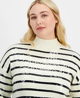 On 34th Trendy Plus Sequin Striped Mock-Neck Sweater, Exclusively at Macy's