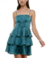 Trixxi Juniors' Bow Lace-Up Square-Neck Tiered Satin Dress