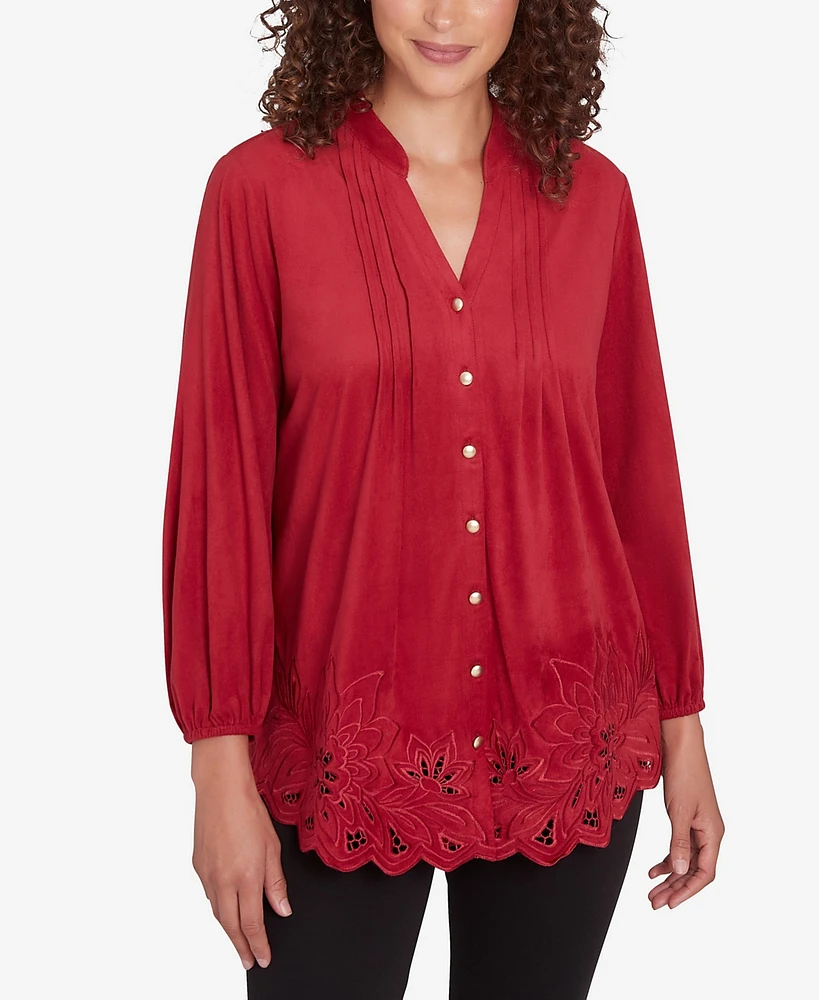 Ruby Rd. Petite Button Front Stretch Faux Suede Top