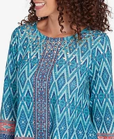 Ruby Rd. Petite Embellished Scoop Neck Placement Print Slub Jersey Sharkbite Top