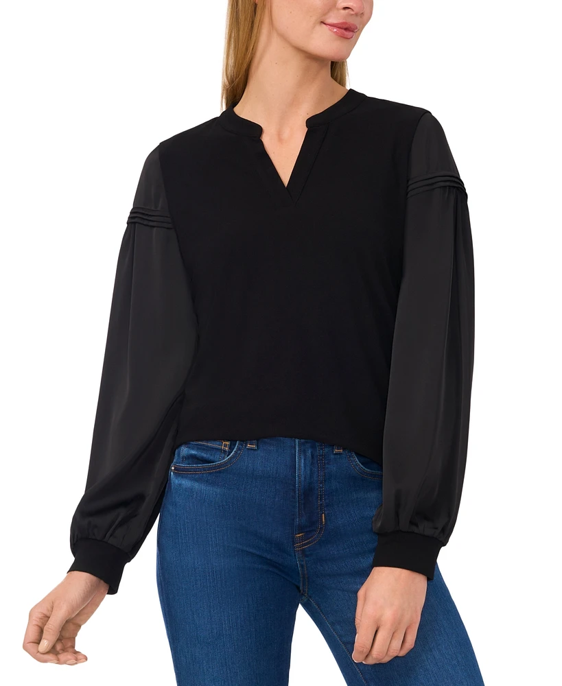 CeCe Women's Split-Neck Balloon-Sleeve Pin-Tuck Top