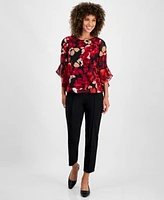 Kasper Floral Print Bell Sleeve Top Pull On Pants