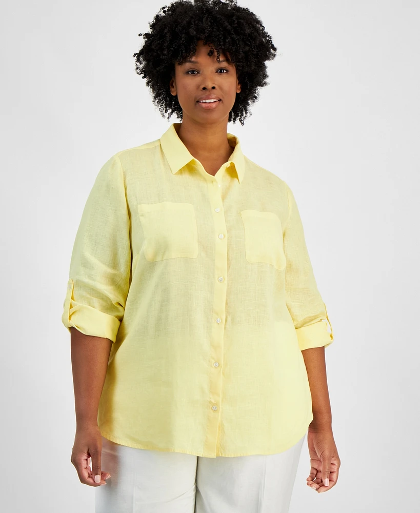 Charter Club Plus 100% Linen Roll-Tab Shirt