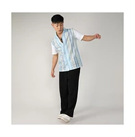 Men's Light Blue & Pale Yellow Fish Eye Ethnic Shirt
