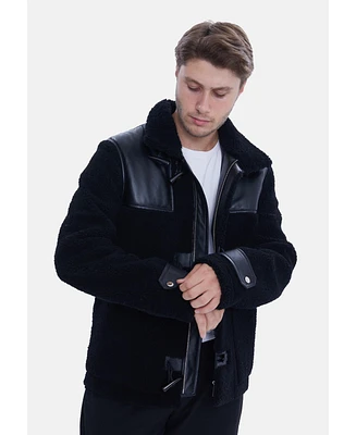 Furniq Uk Men's Leather Shearling Jacket, Black