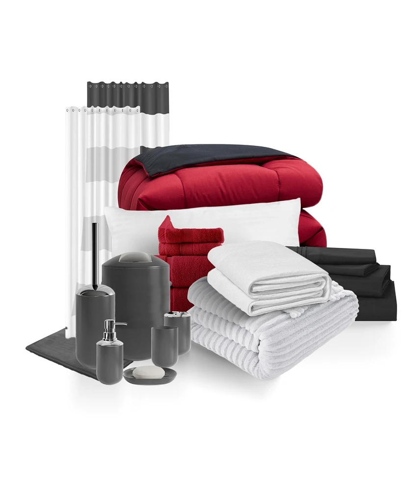 Clara Clark 23 Piece Complete College Dorm Room Essentials Bedding & Bath Bundle - Twin Xl Black And Burgundy