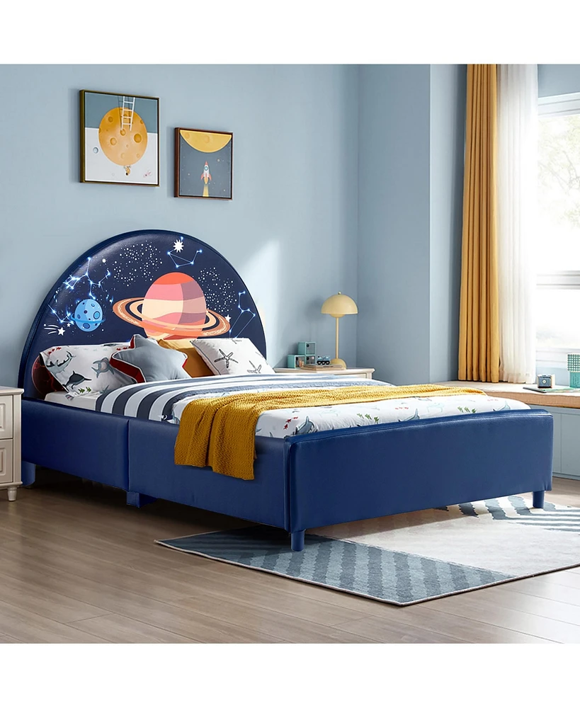 Kids Upholstered Platform Bed Children Twin Size Wooden Bed Galaxy Pattern