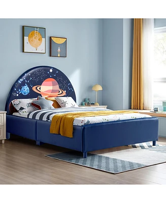 Costway Kids Upholstered Platform Bed Children Twin Size Wooden Bed Galaxy Pattern