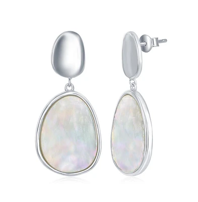 Simona Sterling Silver Shiny Oval Disc and Mother of Pearl Earrings