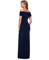 Xscape Women's Velvet Off-The-Shoulder Leg-Slit Gown