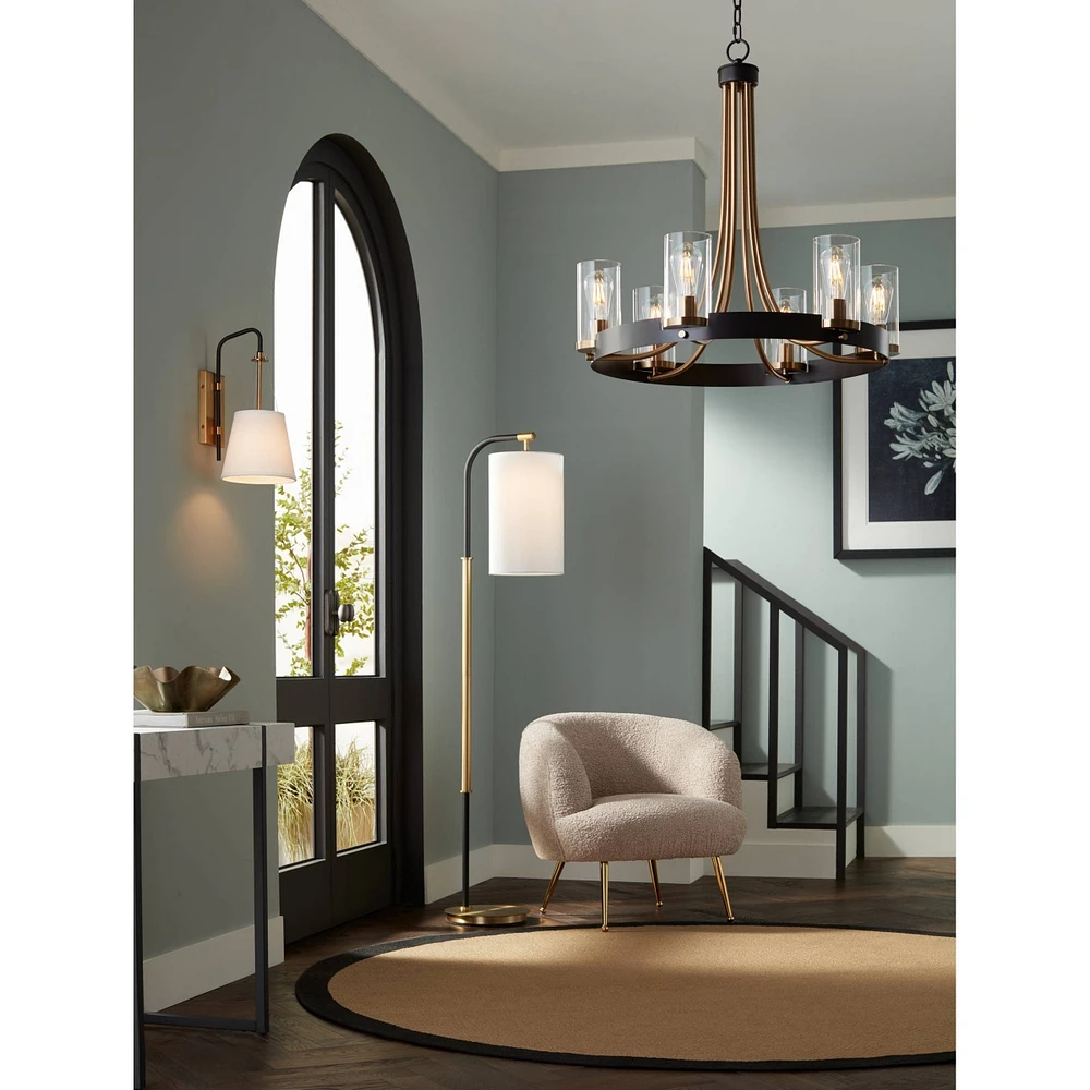 Possini Euro Design Sausalito Mid Century Modern Downbridge Floor Lamp 67" Tall Warm Gold Black Metal Linen Blend Fabric Cylinder Shade for Living Roo