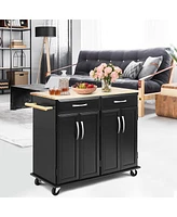 Sugift Rolling Kitchen Island Cart with Rubber Wood Top and Smooth Lockable Wheels