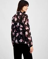 Anne Klein Petite Floral Clip-Dot Ruffle-Neck Blouse