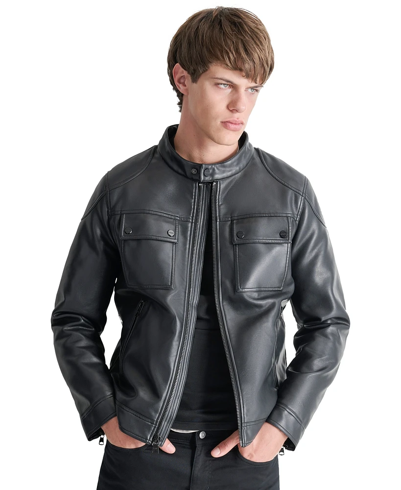 Dkny Men's Faux-Leather Removable Hood Moto Jacket