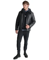 Dkny Men's Faux Leather Jacket with Removable Fur Bib