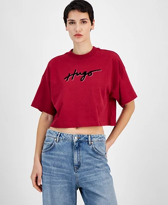 Hugo Women's Cotton Script-Logo Crewneck Cropped T-Shirt