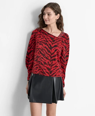 Dkny Women's Printed Asymmetric-Neck Long-Sleeve Blouse