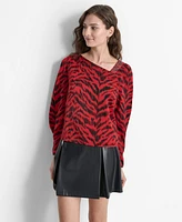 Dkny Women's Printed Asymmetric-Neck Long-Sleeve Blouse