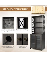Tall Freestanding Buffet Hutch with Glass Holder and Adjustable Shelves