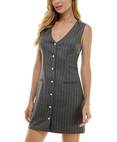 City Studios Juniors' Metallic-Striped Faux-Pearl-Button V-Neck Jacket Dress