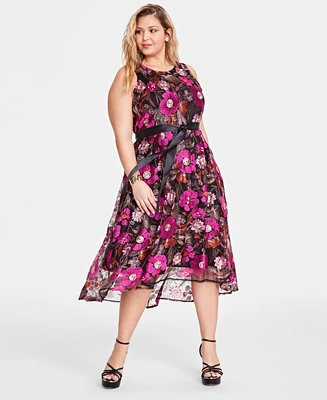 Tahari Plus Sleeveless Embroidered A-Line Dress