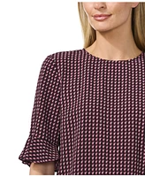 CeCe Women's Printed Crewneck 3/4-Sleeve Ruffled Cuff Blouse