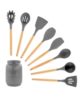 MegaChef Gray Silicone and Wood Cooking Utensils, Set of 9