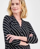 Jm Collection Petite Geo-Print V-Neck 3/4-Sleeve Top, Exclusively at Macy's