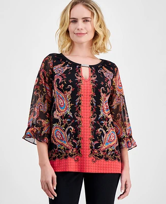 Jm Collection Petite Paisley Ruffle-Sleeve Blouse, Created for Macy's