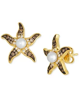 Le Vian Ombre Freshwater Pearl (4-1/2mm) & Chocolate Ombre Diamond (3/8 ct. t.w.) Starfish Stud Earrings in 14k Gold