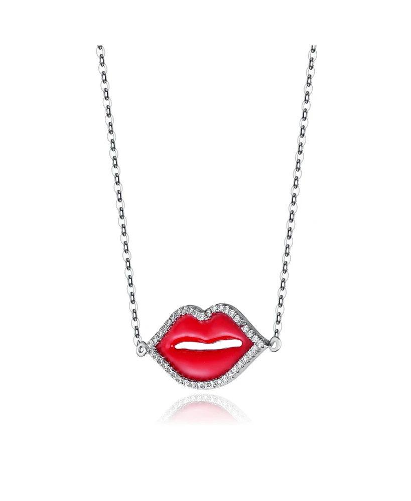 GiGiGirl White Gold Plated Cubic Zirconia Red Lips Fashion Necklace