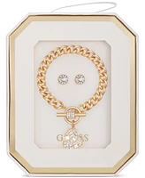 Guess Gold-Tone Scattered Crystal Heart Charm Link Bracelet & Logo Stud Earrings Set