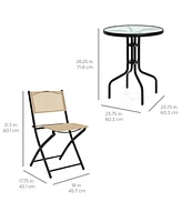 Best Choice Products 3-Piece Patio Bistro Dining Furniture Set w/ Round Textured Glass Tabletop, Folding Chairs