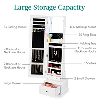 Best Choice Products 360 Swivel Standing Mirrored Jewelry Cabinet, Led-Lit Makeup Organizer w/ Mirror