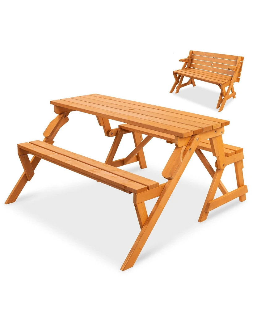 Best Choice Products 2-in-1 Outdoor Interchangeable Wooden Picnic Table/Garden Bench for w/ Umbrella Hole - Natural