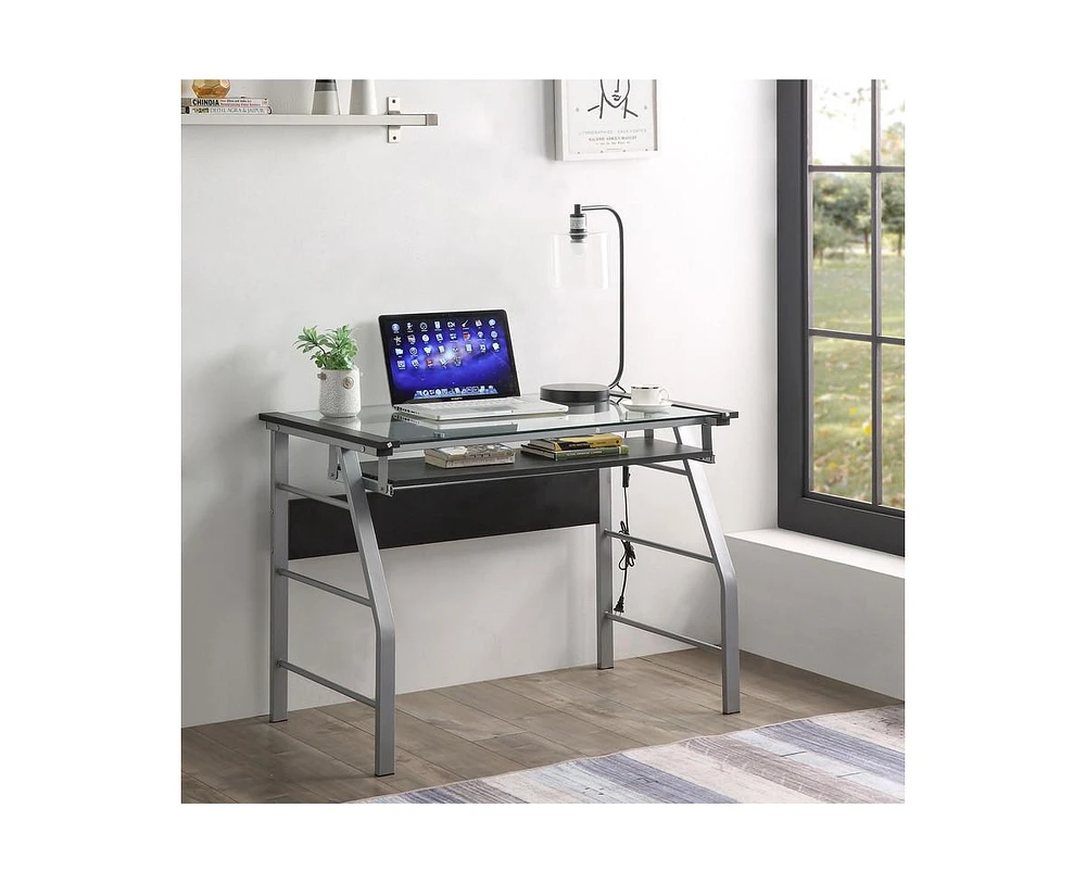 Kings Brand Furniture Home & Office Metal and Glass Workstation Computer Desk with Slide Keyboard Tray - Silver/Black