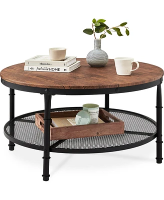 Best Choice Products 2-Tier Round Coffee Table, Rustic Accent Table w/ Wooden Tabletop, Padded Feet, Open Shelf